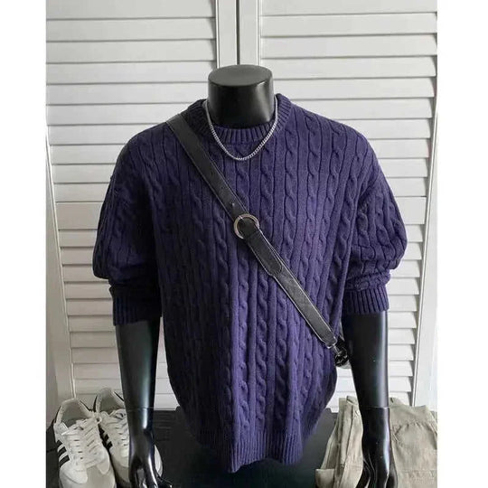 Retro Twist Round Neck Sweater Loose Casual Sweater - main view (material: polyester | color: white, navy | pattern: check)