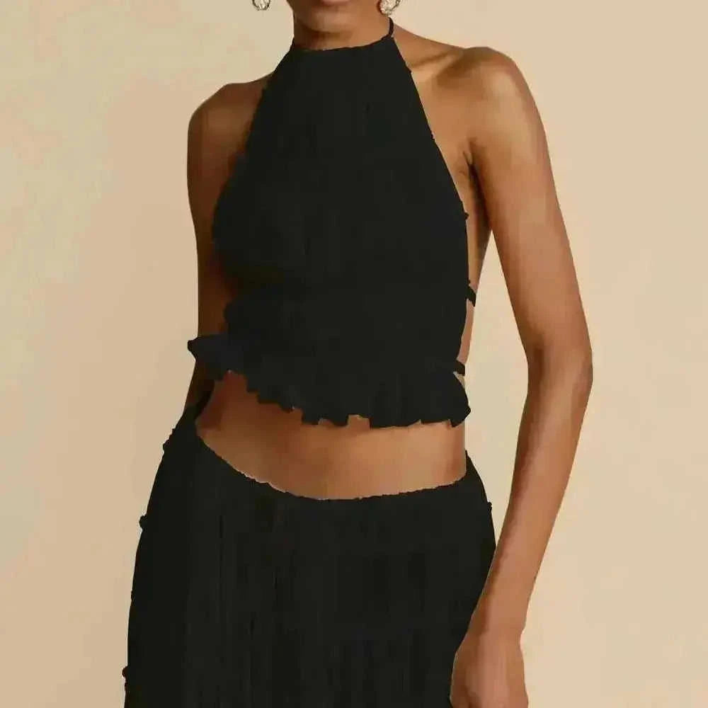 2pcs Women's Dress Suit Sexy Sleeveless Backless Cropped Halter Top And Pleated Long Skirt Beach Clothing - view 8...