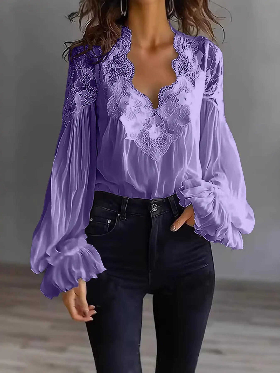 Women's Lace-Panel Puff-Sleeve Pleated Shirt - Meifu Market