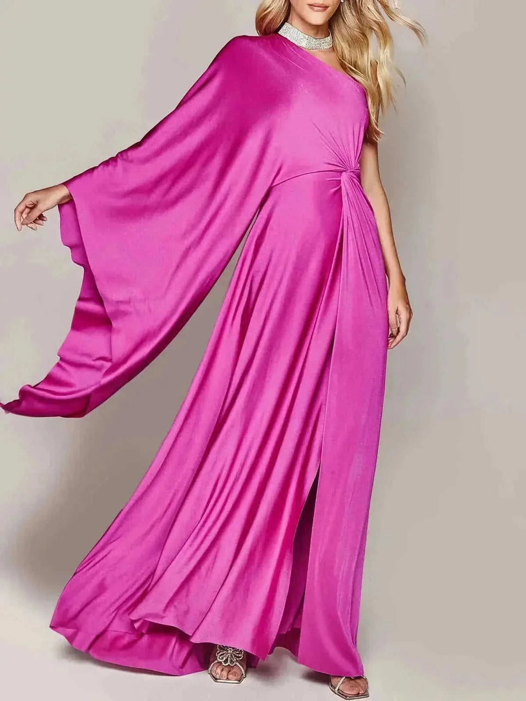 one shoulder maxi dress | chiffon fabric long dress | floor length evening gown | energy saving