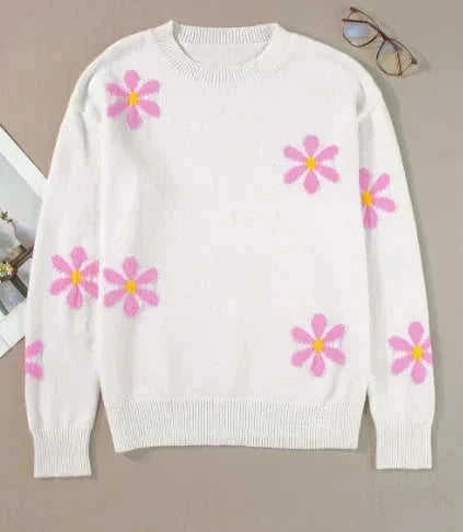 white flower pattern sweater | ribbed edge elegant sweater | womens floral knitwear | energy saving