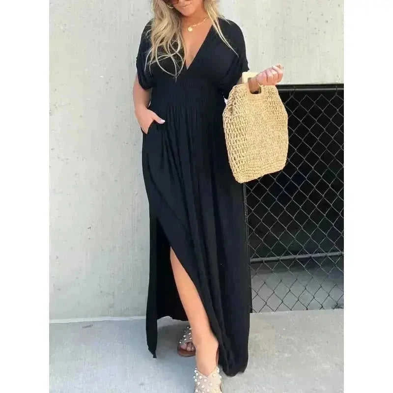 batwing sleeve dress | v-neck summer dress | elastic waist long dress | ultrasonic cleaning