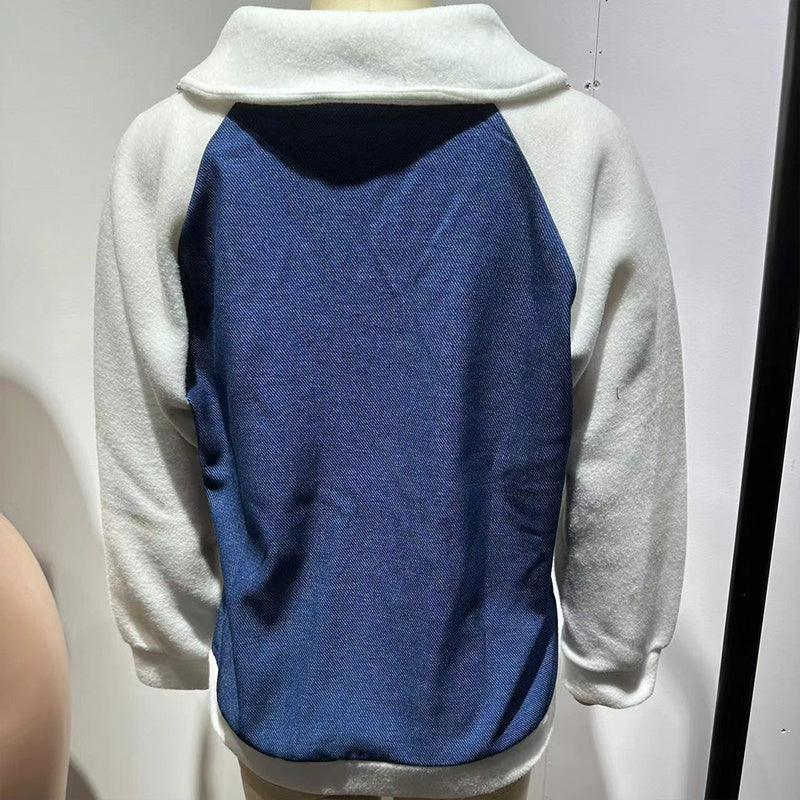 Women's Denim Patchwork Zip-Up Jacket - Stand Collar Casual Coat Fall Winter Meifu Market