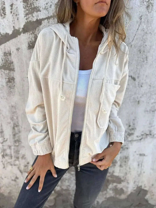 Corduroy Hooded Zip-up Jacket With Pockets Fashion Casual Drawstring Tops Outerwear Women's Clothing Meifu Market
