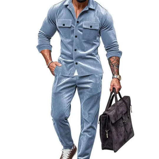 Men's Suede Solid Color Single-breasted Tooling Cardigan Two-piece Set Meifu Market