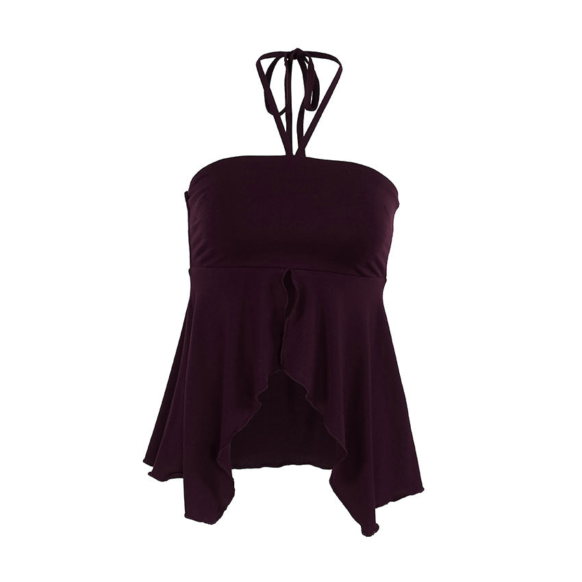 Sexy Retro Brown Halterneck Suspender Slit Camisole