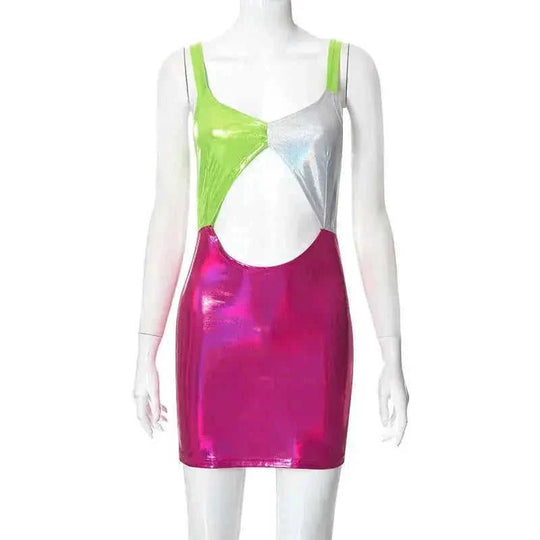casual halter dress | three-color stitching dress | crop short dress | energy saving