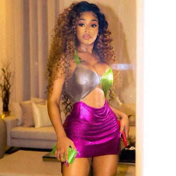 casual halter dress | three-color stitching dress | crop short dress | energy saving