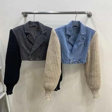 retro patchwork denim coat | womens autumn knitting jacket | minority style coat | ultrasonic cleaning