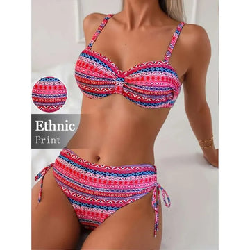Printed Split Strap Bikini High Waist European And American