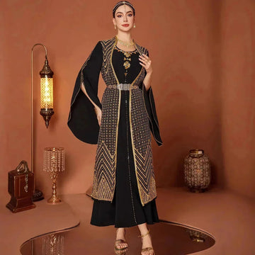 vintage gold embroidery robe | black abaya with embroidery | two piece prayer dress set | energy saving