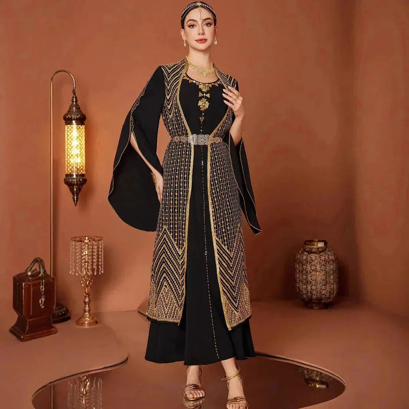 vintage gold embroidery robe | black abaya with embroidery | two piece prayer dress set | energy saving