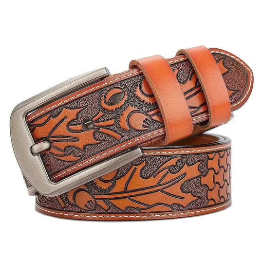 genuine leather belt for men | full grain cattlehide leather | heavy duty brass buckle | energy saving