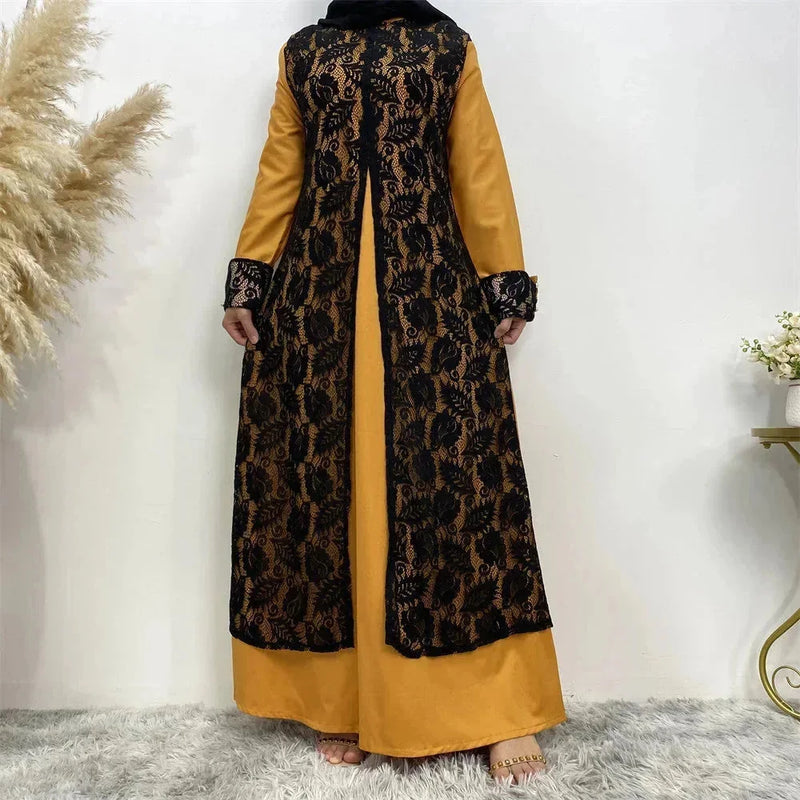 lace abaya robe for women | chiffon maxi dress with embroidery | breathable fabric for hot weather | ultrasonic cleaning