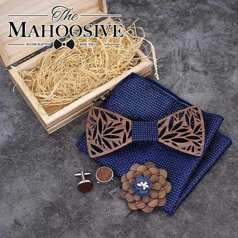 hollow carved wooden bow tie | plaid handkerchief set for men | novelty men ties gift set | energy saving
