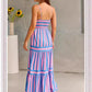 summer striped maxi dress | backless beach dress with pockets | square neck long dress | energy saving