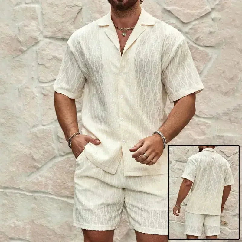 mens summer tracksuit set | loose fit casual two piece outfit | lapel button shirt and shorts set | ultrasonic cleaning