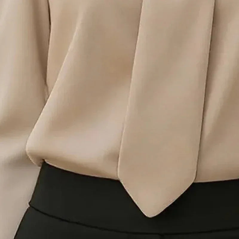 Women's Solid Color Long Sleeve Shirt With Tie And Lapel Collar, Casual & Elegant Blouse For Office And Formal Wear Meifu Market