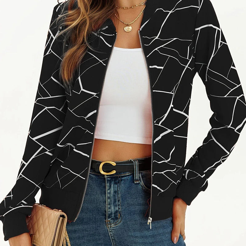 Stylish Long Sleeve Allover Print Zip Up Jacket Elegant Meifu Market