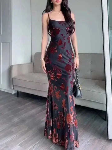 flocked fabric maxi dress | strappy backless evening dress | long formal gown for weddings | energy saving