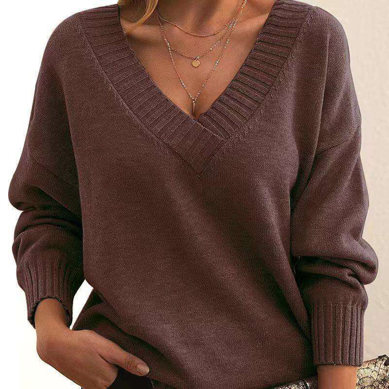 Solid V-neck Sweater Fashion Loose Long-sleeved Knitted Tops Autumn And Winter Women's Clothing Meifu Market