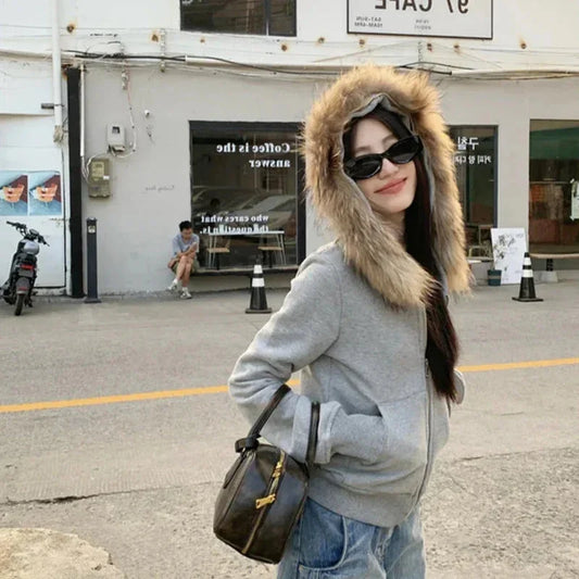 Vintage Gray Fleece Lined Warm Hooded Cardigan Top