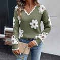 Women's Fall Floral Pattern V-Neck Sweater, Long Sleeve Pullover With Scallop Trim Casual Dressy Top Meifu Market