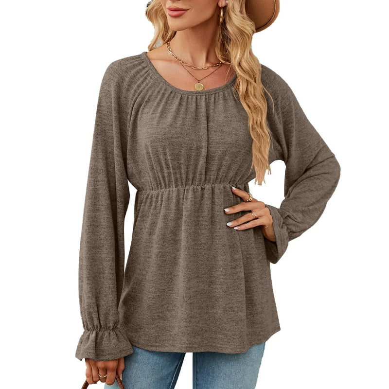 Women's Solid Color Round Neck Loose Long-sleeved T-shirt Meifu Market