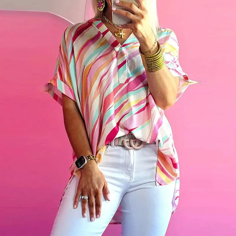 color blocking half sleeve top | polyester cotton blend | breathable fabric | energy saving