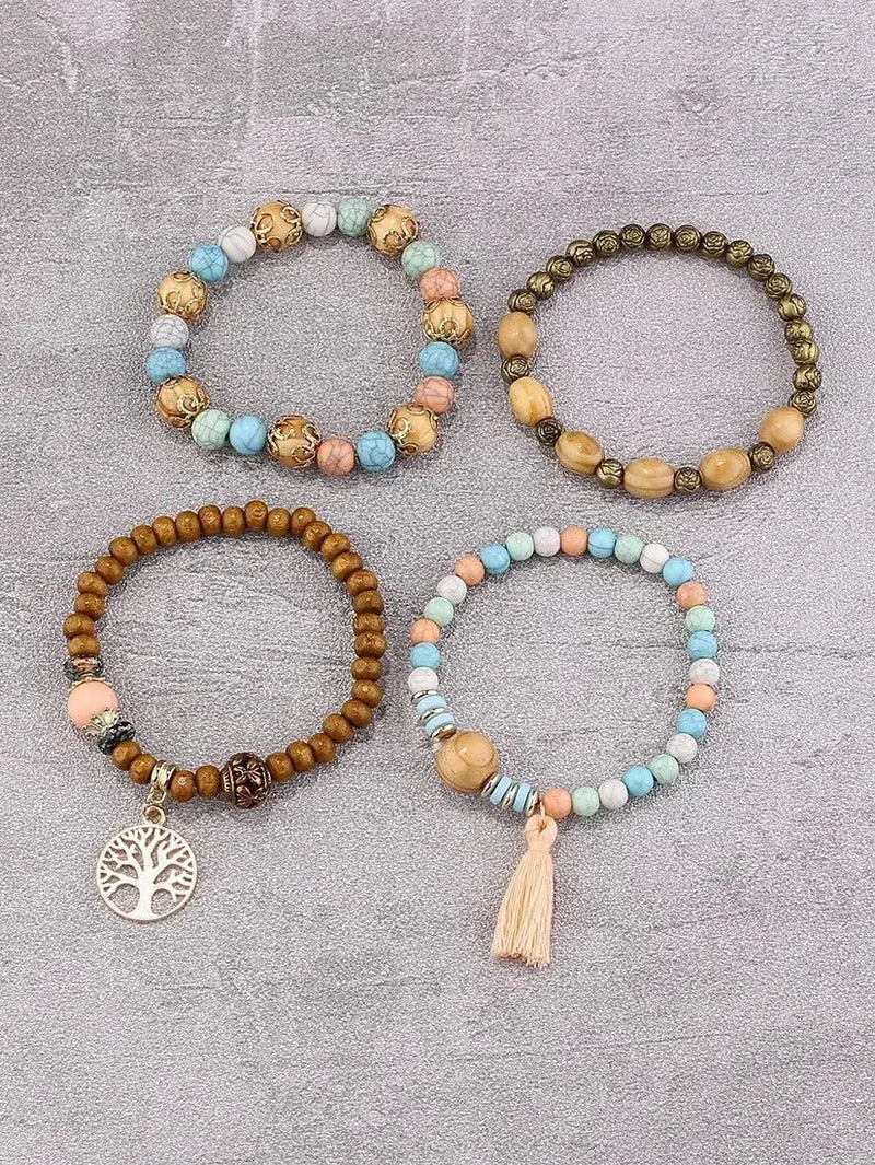 elastic bangle bracelet set | wooden beads jewelry | adjustable tree of life bracelet | ultrasonic cleaning