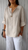 V-neck Long-sleeved T-shirt Fashion Loose Cotton And Linen Button Tops For Women Meifu Market