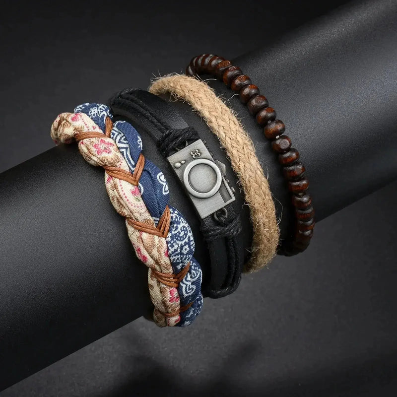 braided leather bracelet for men | vintage charm wood beads | adjustable wrap wristband | ultrasonic cleaning