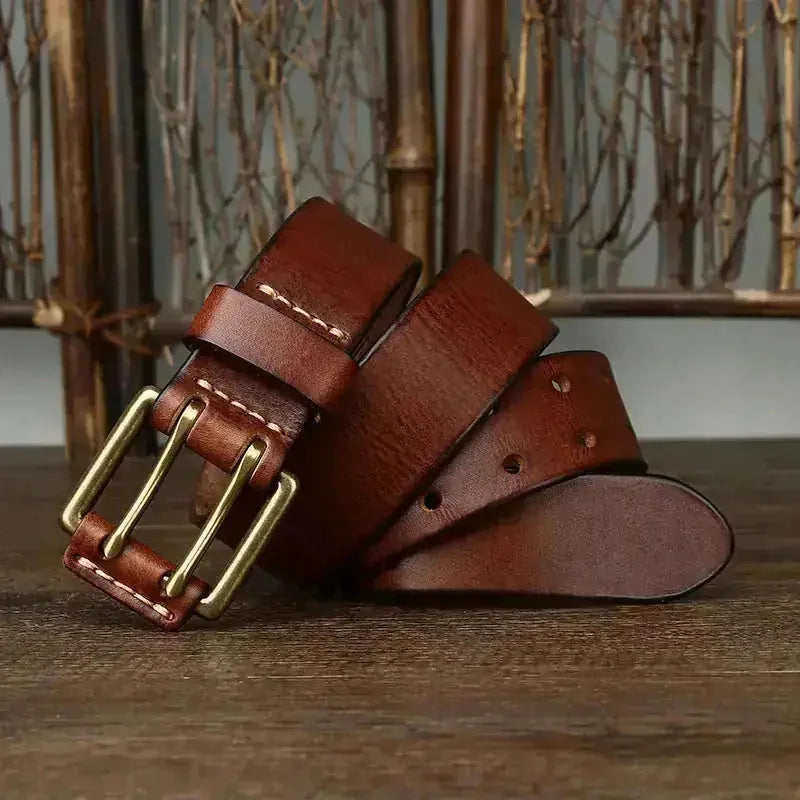 cowhide leather belt | vintage brass buckle | 15 inch mens belt | energy saving