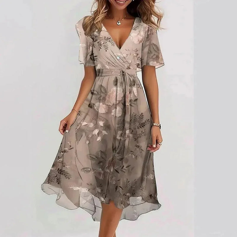chiffon fabric dress | floral printed summer dress | v-neck short sleeve dress | energy saving