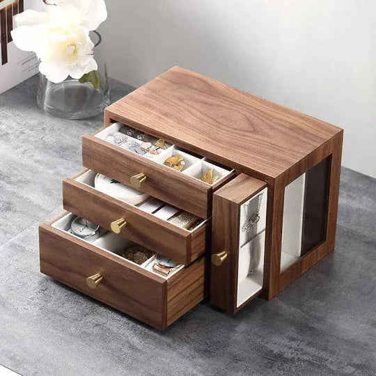 solid walnut wood construction | four drawer jewelry organizer | large capacity jewelry armoire | energy saving