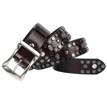 Men's Rivet Punk Genuine Leather Belt Nail Skull Head Japanese Buckle European And American Personalized Belt meifu market