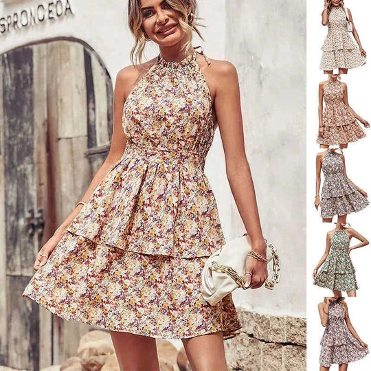 backless summer dress | boho printed halter dress | ruffle trim beach dress | energy saving