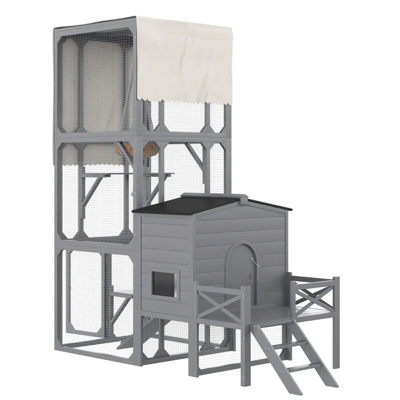 Catio Cat House Outdoor Large Cat Enclosure, Wooden Cat Cage For Multiple Cats With Jumping Platforms And Cat Swing, Removable Waterproof Cover, UV Resistant, 2 Combination, Gray Meifu Market