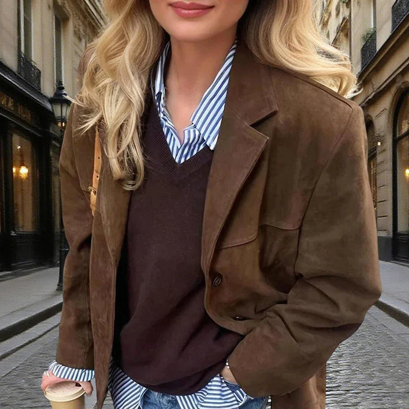 Women's Suede-Look Blazer Jacket, Classic V-Notch Lapel Button Front Coat, Machine Washable Versatile Casual Jacket Meifu Market