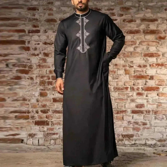 Men's Embroidered Muslim Robe | Long Sleeve Arabic Thobe | Black S - lifestyle usage image
