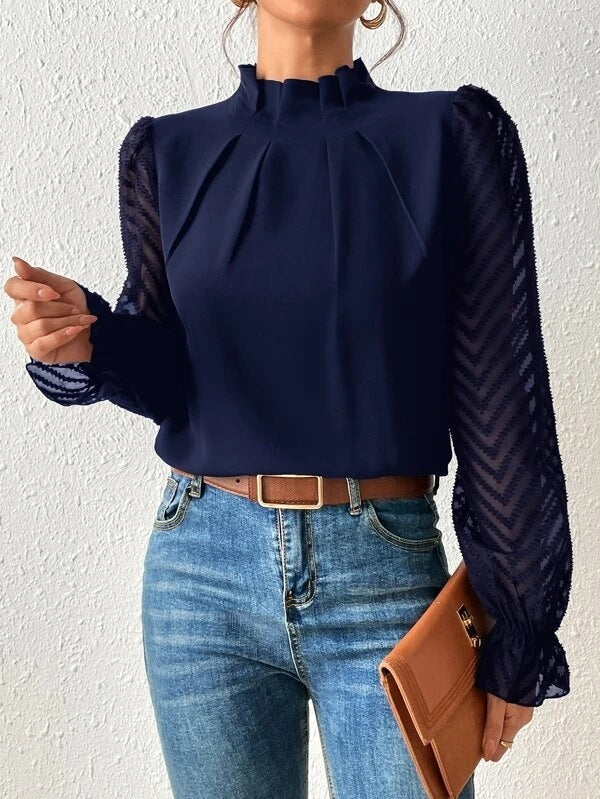 Women's Half-turtleneck Stitching Wavy Chiffon Long-sleeved Top Meifu Market