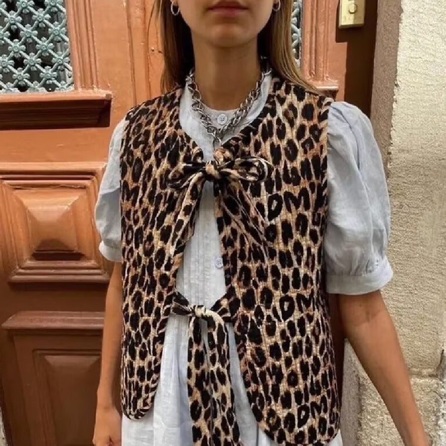 Women's European And American Style Leopard Print Vest Leopard Quilted Vest Sleeveless Tie Front Shirts Vest Cardigan Trendy Streetwear Meifu Market