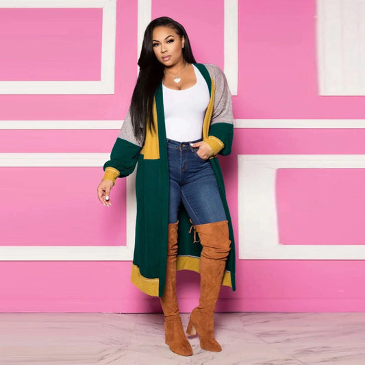 Women's Fashion Simple Stitching Long Cashmere Cardigan