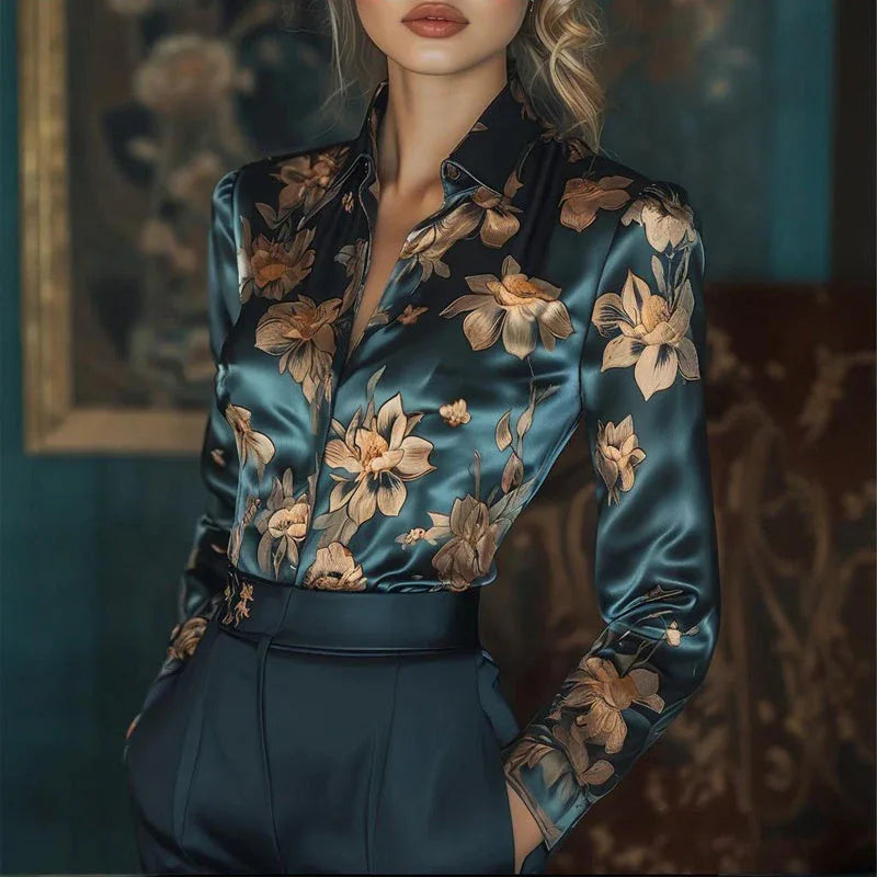 Women's Elegant Satin Lapel Long Sleeve Full Button Shirt Spring Autumn Fashion Tapered Waist Design With Sheen Meifu Market