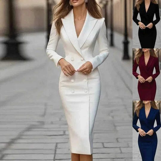 notch lapel midi dress | button front office dress | long sleeve formal wear | ultrasonic cleaning