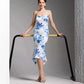 blue and white porcelain print | tube top sheath dress | elegant evening wear | ultrasonic cleaning