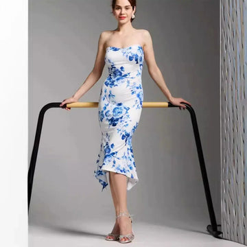 Chinese Print Tube Top Dress Blue And White Porcelain Sheath Fishtail Skirt
