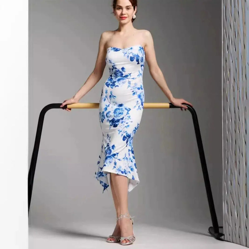 blue and white porcelain print | tube top sheath dress | elegant evening wear | ultrasonic cleaning