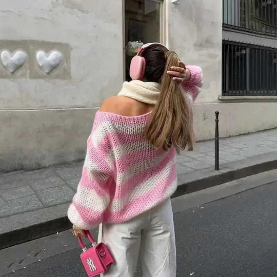 Loose Striped Pullover Sweater Fashion Versatile Long-sleeved Knitted Tops For Women Clothing S - alternative view