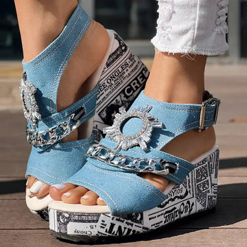 Newspaper Buckle Denim Wedge Slides - Anklet Not Included Meifu Market